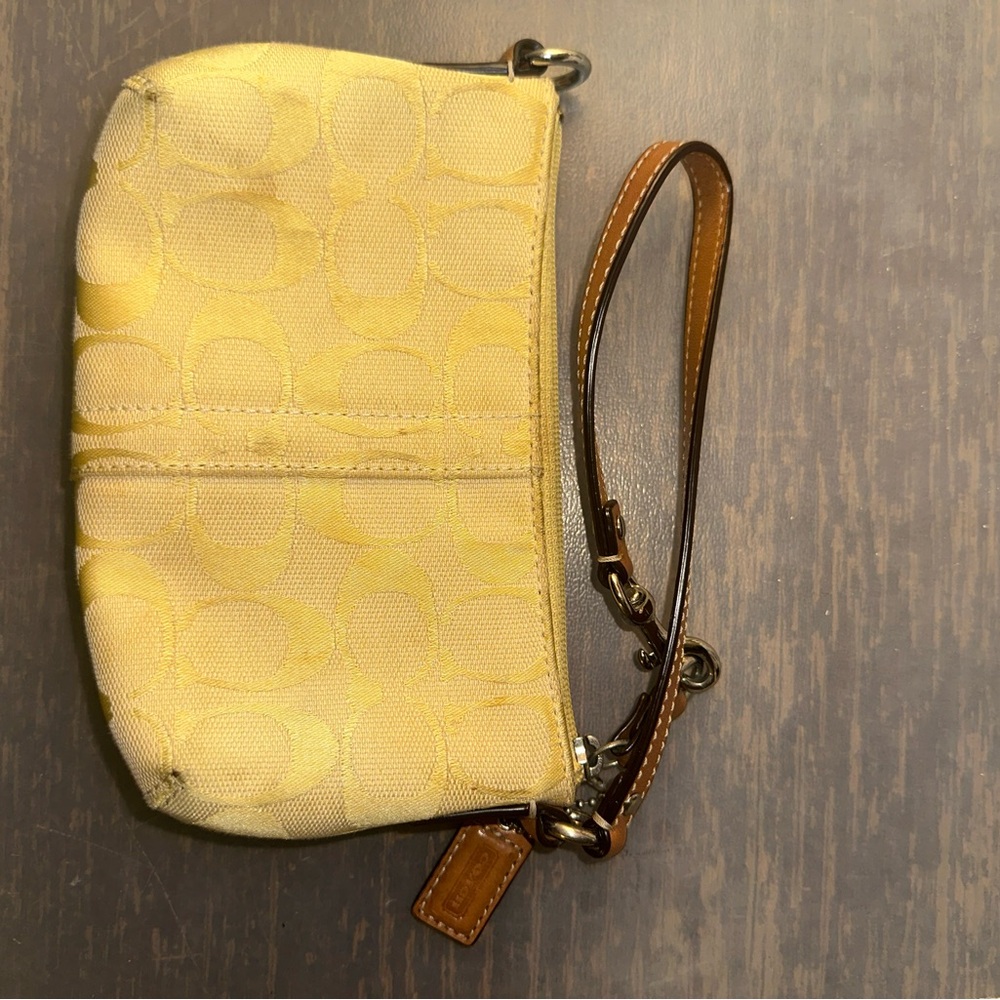 Coach Yellow Signature Jacquard Wristlet with Tan Leather Strap